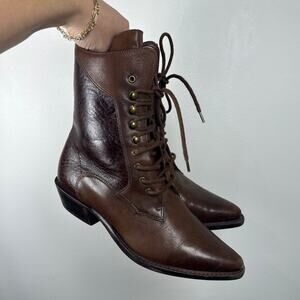 Vintage Nine West Victorian Brown Leather Cottage Core Lace-Up Boots